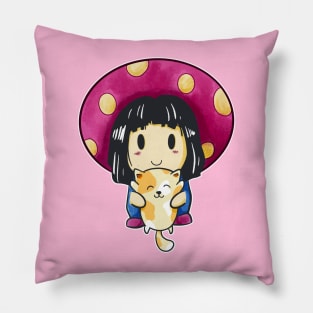 Mushroom Girl With Cat Cute Kawaii Anime Fun Pillow