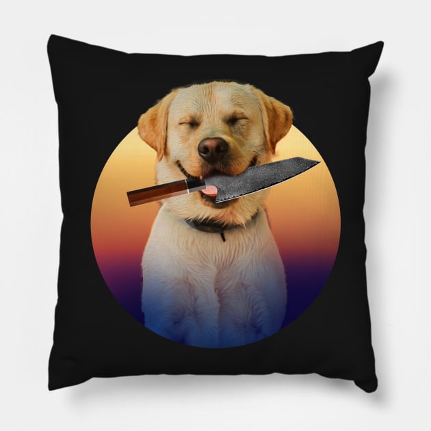 Dog with a knife Golden Retriever labrador Pillow by SOF1AF