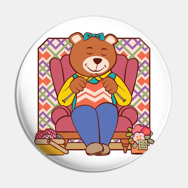 Bear Knitting in Chair Pin by Sue Cervenka