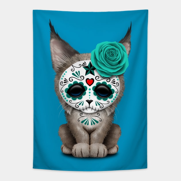 Blue Day of the Dead Sugar Skull Lynx Cub Tapestry by jeffbartels