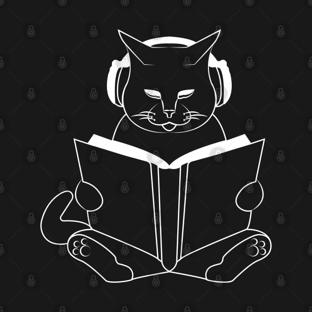 Cat reading book with headphones by JD Bright Studio