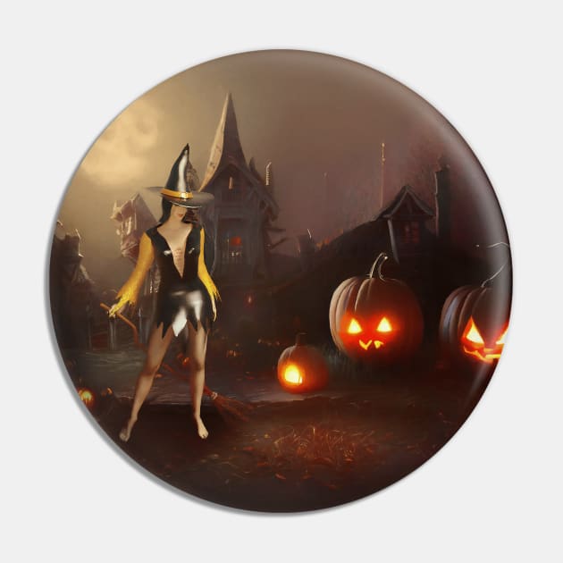 Witch and three pumpkins near the creepy house Pin by AnnArtshock