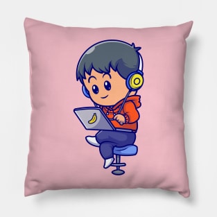 Cute People Playing Laptop Cartoon Pillow