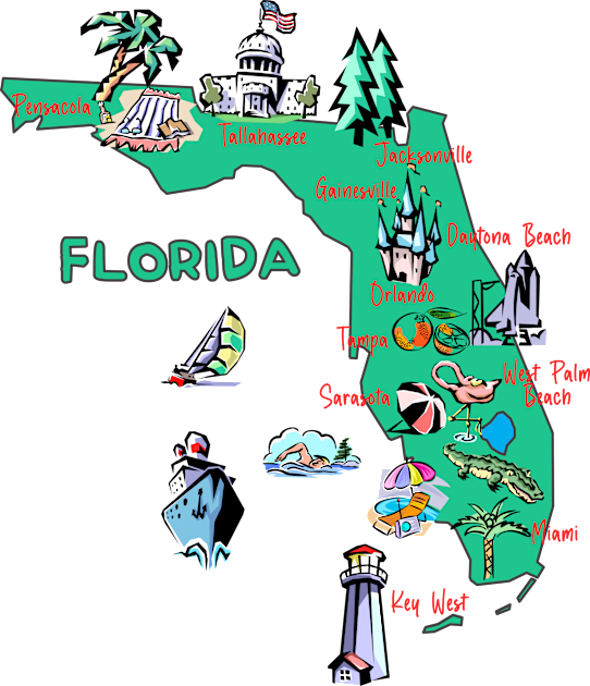 Hand Drawn Illustration of Florida Map with Tourist Destinations, USA Kids T-Shirt by Mashmosh