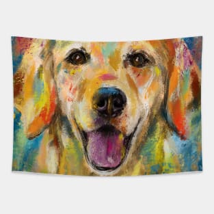 Artistic and Colorful Painting of Golden Retriever Smiling Tapestry
