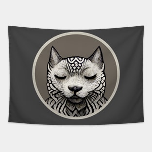 Kitty Cat Black And White Circle Doodle Tapestry