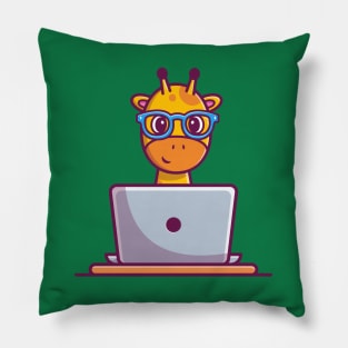 Cute Giraffe Operating Laptop Cartoon Pillow