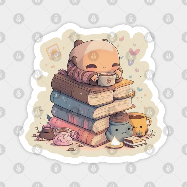 Cozy Reading Time - Cute Kawaii Character Design for Your Reading Nook Magnet by laverdeden