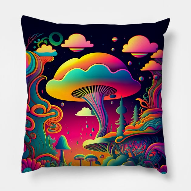 Psychedelic Dream Forest Filled with Colorful Mushrooms on a Dark Background Pillow by Puff Sumo