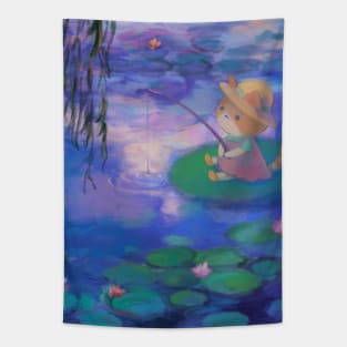 Cat Fishing Among Monet Water Lilies Tapestry