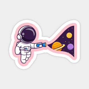 Cute Astronaut With Flashlight In Space Cartoon Magnet