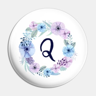 Floral Monogram Q Icy Winter Blossoms Pin