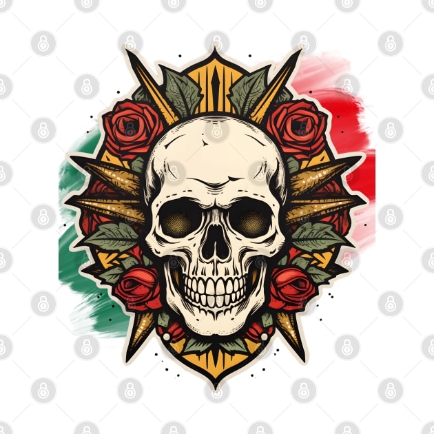 Rebel Roses: Gothic Skull Surrounded by Lush Florals, Dartboard-Inspired, Edgy Tattoo Artwork by WarFX Designs