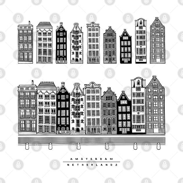 Old houses of Amsterdam, Netherlands. Realistic black and white poster. by ArchiTania