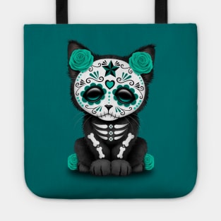 Cute Teal Blue Day of the Dead Kitten Cat Tote