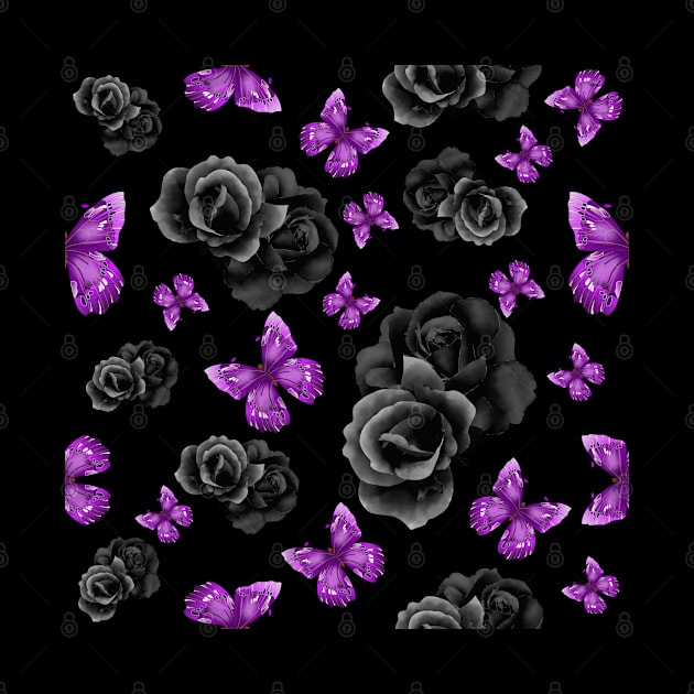 Purple Butterflies and Black Roses w/ Black Background by FloralButterflyDreams