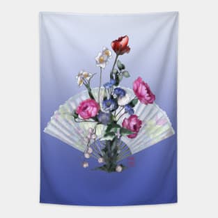 Watercolor pink peony ikebana with an oriental fan Tapestry