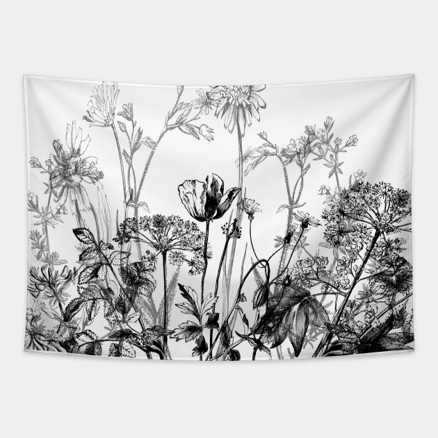 Black White Wild Flowers Botanical Pattern Illustration Vintage Tapestry by Bramblier