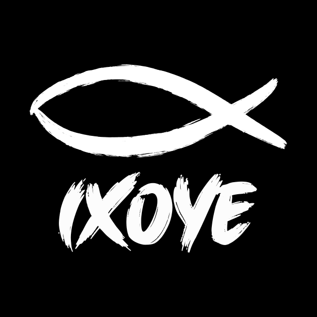 IXOYE (Christian Fish or Ichthys) is an acrostic for Iēsoûs Khrīstós Theoû Huiós Sōtêr which translates into "Jesus Christ, God's Son, Savior" white text by Selah Shop