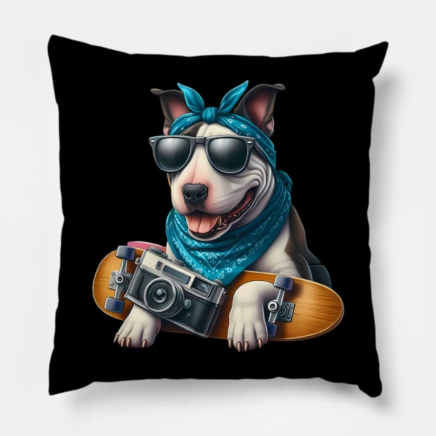 Funny Bull Terrier with Sunglasses Pillow by CreativeSparkzz