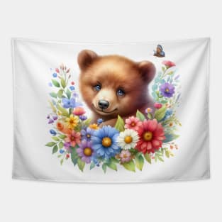 A brown bear decorated with beautiful colorful flowers. Tapestry