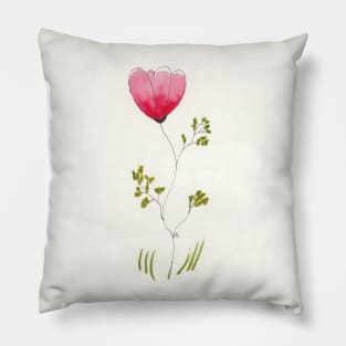 One Pink Flower in Pen Ink and Watercolor Pillow