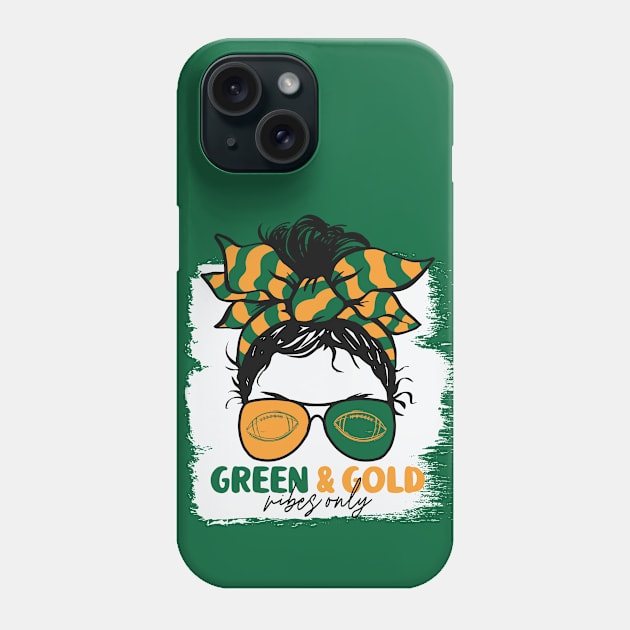 Green and Gold Vibes Only Football Mom Messy Hair Gameday Phone Case by SLAG_Creative