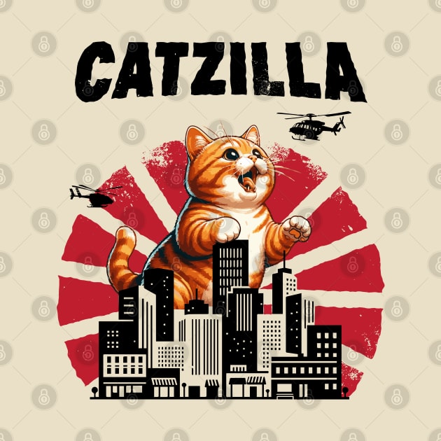 Catzilla Funny Giant Orange Tabby Cute Classic Japanese Film by BraaiNinja