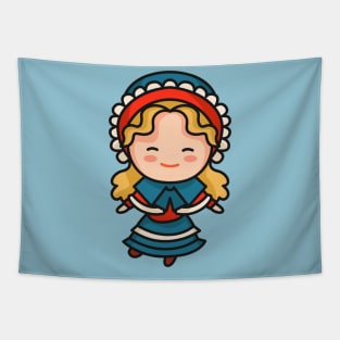 Cute British Victorian Era Girl in Traditional Clothing Cartoon Tapestry