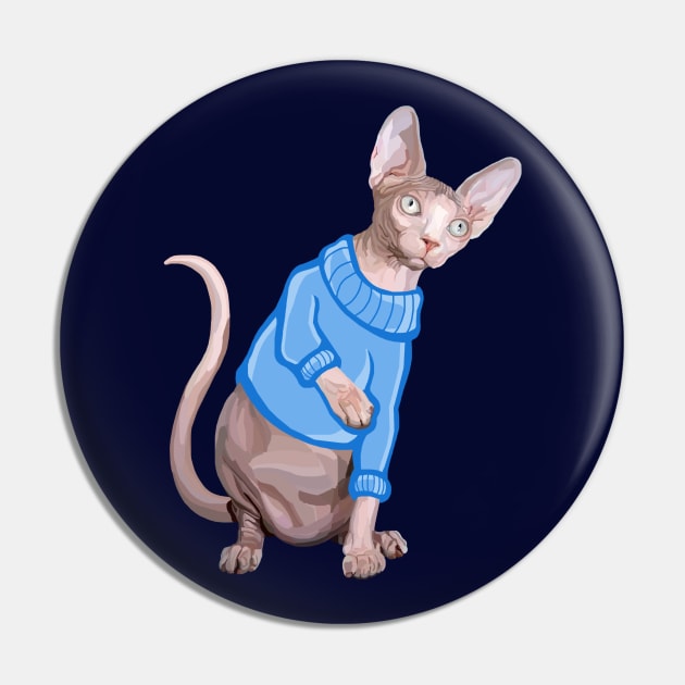 Cute Sphynx Cat with Blue Knit Sweater Pin by Art by Deborah Camp