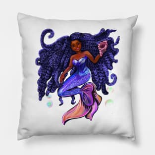 mermaid with flowing braids holding sea shell , brown eyes curly Afro hair and caramel brown skin Pillow