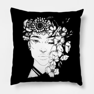 Pretty black and white ink floral girl tattoo art Pillow