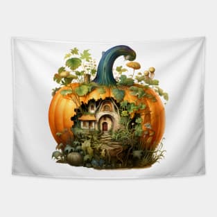 Cozy Pumpkin Home with Miniature Forest Autumn Watercolor Art Tapestry