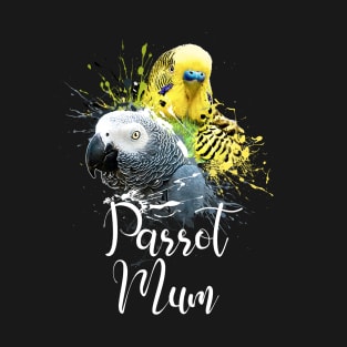 Parrot Mom Color Splatter Budgie and Grey Parrot Black T-Shirt