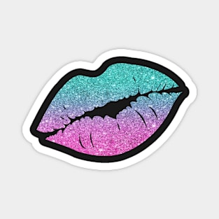 Bright Teal Pink Ombre Faux Glitter Lips Magnet