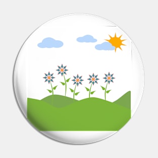 Hills, sky, sun, flowers and clouds depicting a scene of Spring Pin