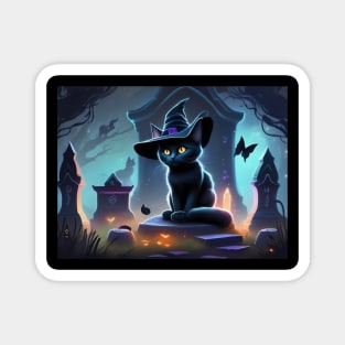 A little black witch cat on Halloween night Magnet
