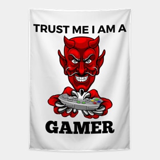 Trust Me I Am A Gamer - Devil With Gamepad And Black Text Tapestry