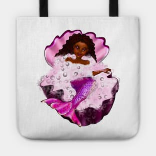 Mermaid spa day in Oyster clam shell 2 - Black anime mermaid in bubble bath. Pretty black girl with Afro hair, green eyes, Cherry pink lips and dark brown skin. Hair love ! Tote