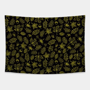 Autumn Doodle Leaves Gold On Black Tapestry