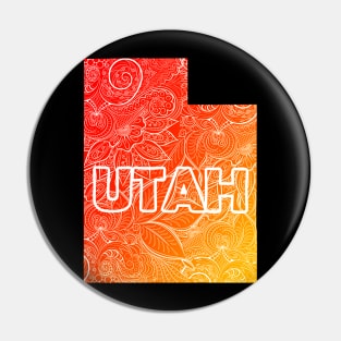 Colorful mandala art map of Utah with text in red and orange Pin