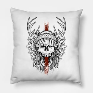 black tshirt Heilung shaman skull with white background Pillow