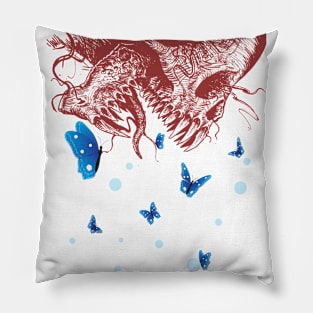 skulls and blue butterflies flying around it Pillow