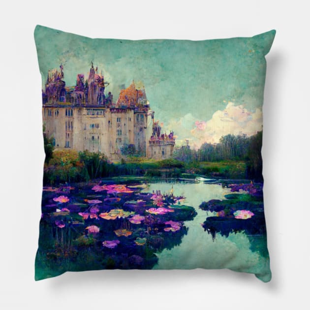 Teal Sky Castle and Waterlillie pond flower painting Pillow by joannejgg