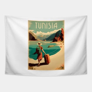 Tunisia Coastline Vintage Travel Art Poster Tapestry