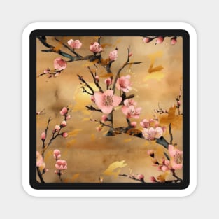 Pink Cherry Blossom Pattern on Gold Background Magnet