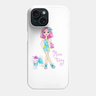 Pop Art girl in dress with dog Phone Case