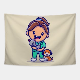 Cute Girl With Cat And Dog Cartoon Tapestry