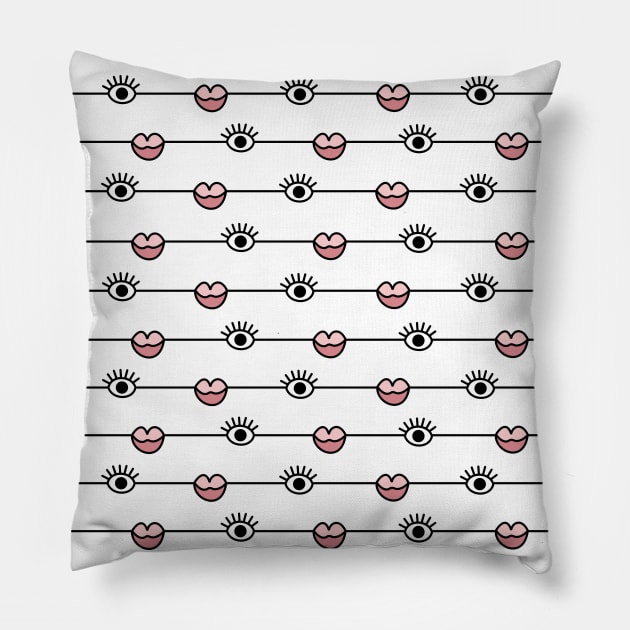 Funky Graphic Lips and Eyes Pattern Black, Pink, White Pillow by fivemmPaper