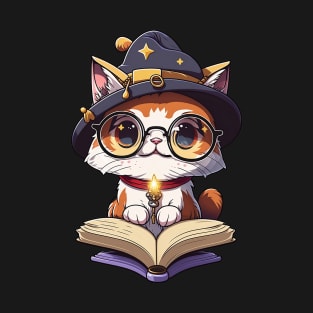 Cute Magical Cat with a Spellbook - Adorable Magic Cat Cartoon T-Shirt